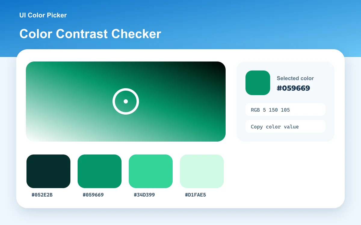 WCAG color contrast checker displaying ratio, AA and AAA results, and passing color suggestions.