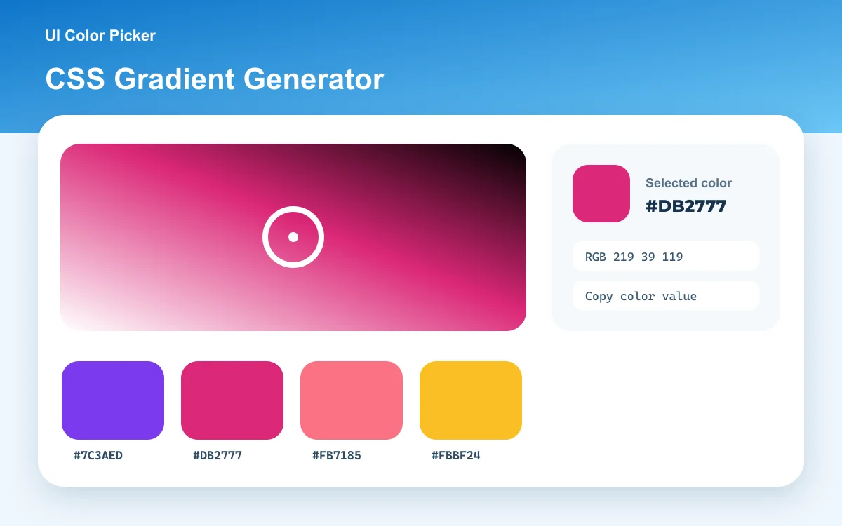 CSS gradient generator with editable color stops and linear, radial, and conic modes.