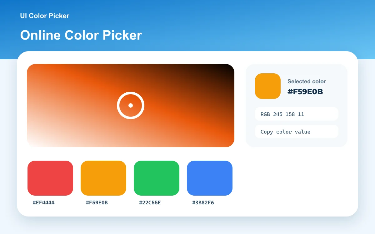 Online color picker with hue, saturation, alpha, color formats, harmonies, and contrast previews.