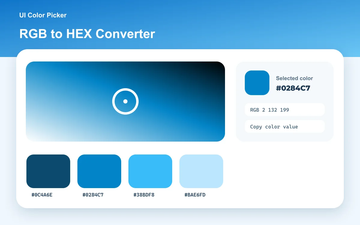 Bidirectional RGB and HEX converter with synchronized color preview and modern CSS formats.